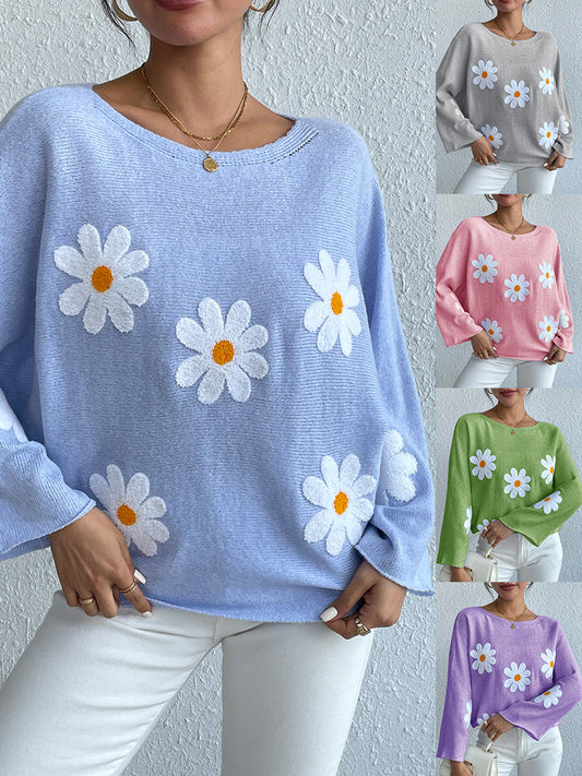 Chic Flower Embellished Casual Knit Top