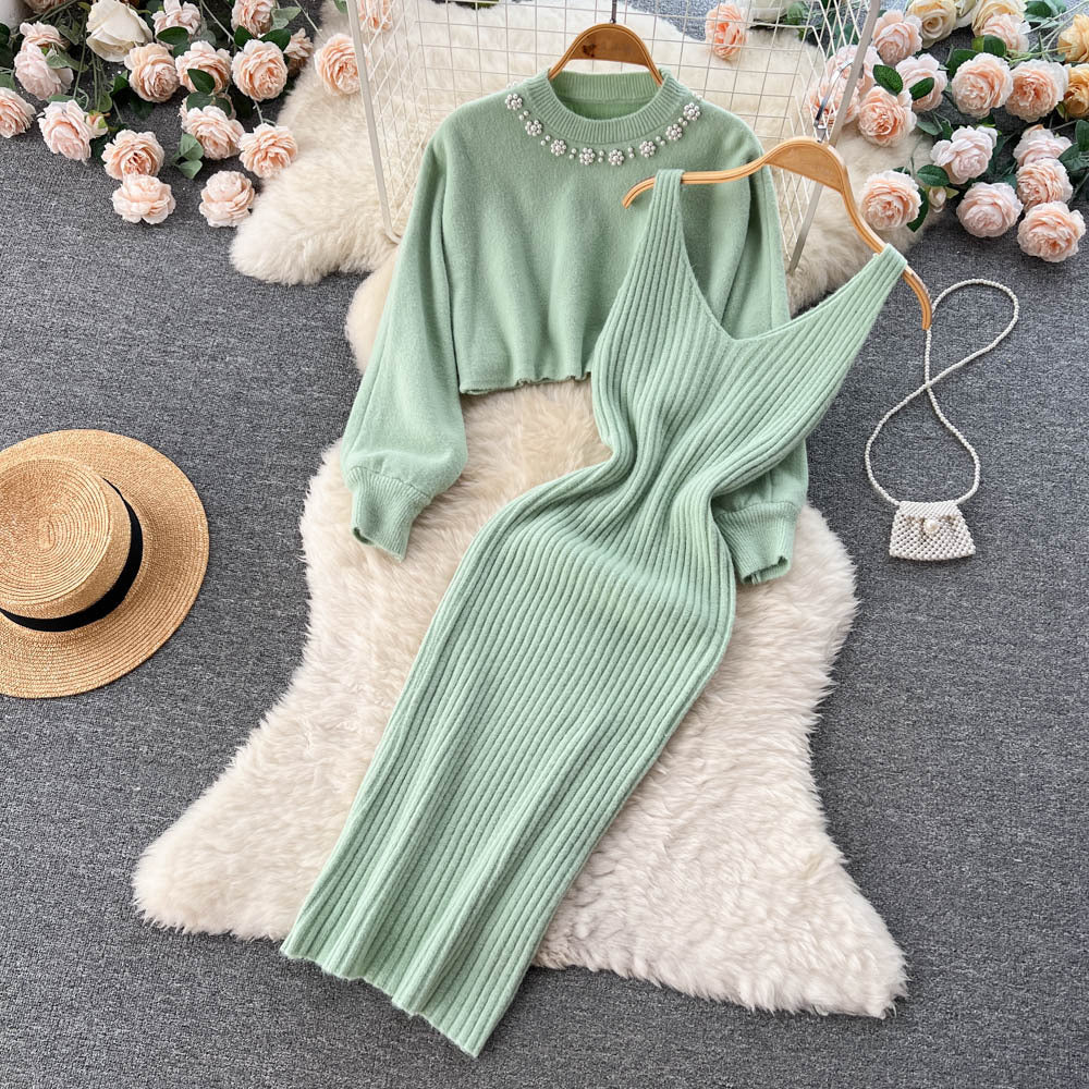 Renata Short Knitted Shirt V Neck Halter Dress Two Piece Set